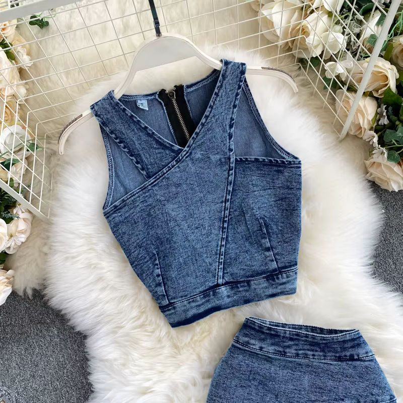 Amolapha-Ensembles de jupes en jean émaillé pour femmes, hauts à bretelles en fibre, jupe en jean, t
