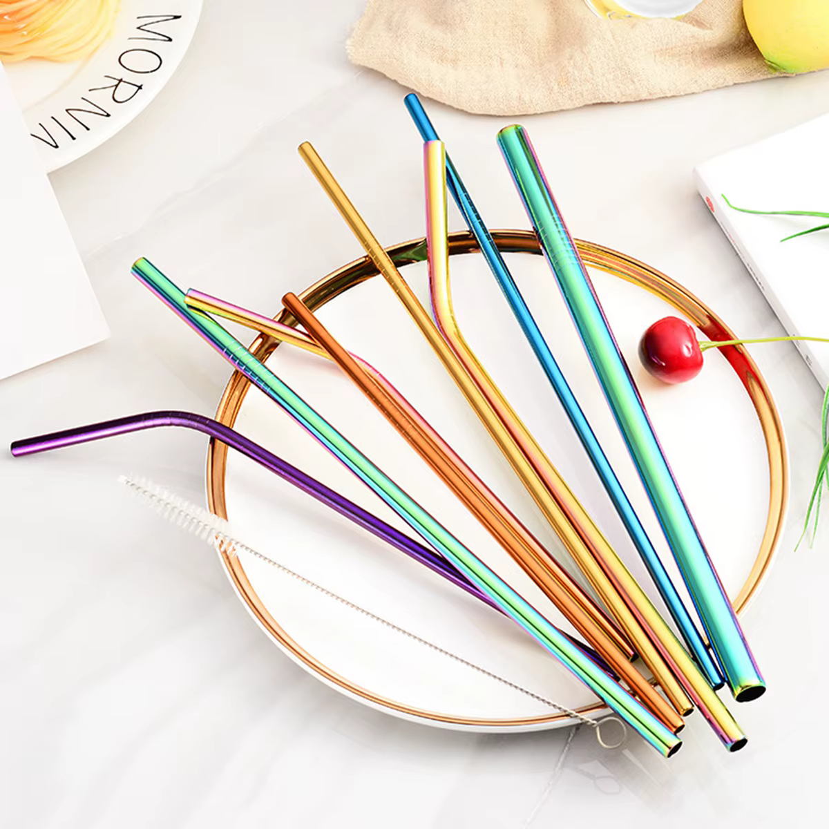 Pailles à boire en métal réutilisables en acier inoxydable 304, 1 pièce, avec brosse de nettoyage, p