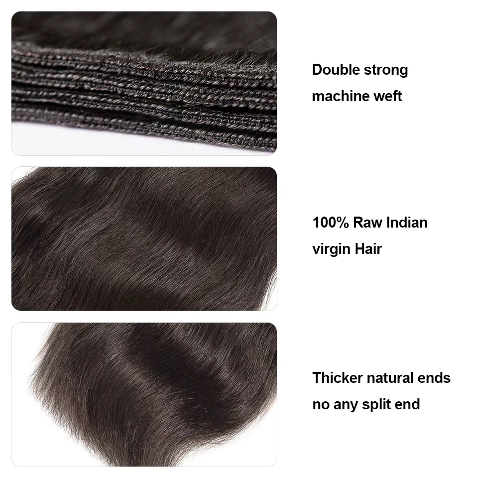 Bundles de cheveux vierges indiens bruts, faisceaux de tissage de cheveux humains raides, extension