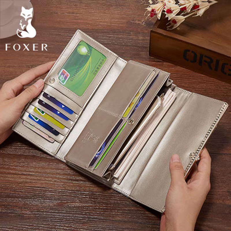 FOXER marque femmes portefeuille Long en cuir fendu dame pochettes de luxe porte-monnaie femme mode 
