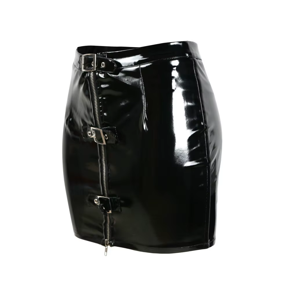 Mini jupe crayon en PVC à boutons pour femmes, fermeture éclair en latex de vinyle, jupe serrée bril