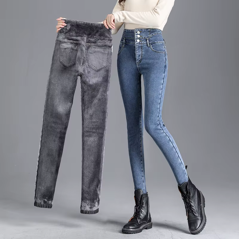 Thermique hiver épais polaire taille haute chaud jean moulant épais femmes Stretch bouton crayon pan