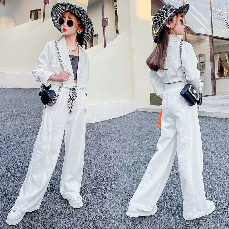 Ensemble de vêtements pour adolescentes, Top court + veste Blazer et pantalon, costume blanc 3 pièce
