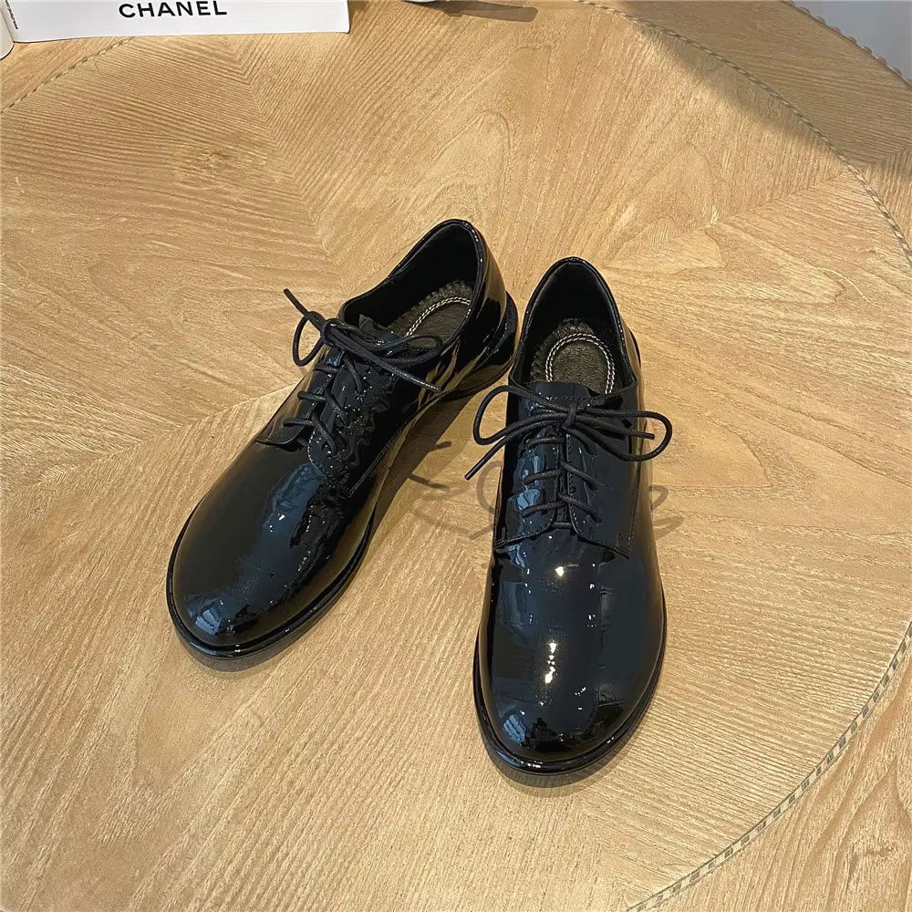 Escarpins à lacets en cuir verni pour femmes, chaussures de printemps et d'automne à bout rond et à