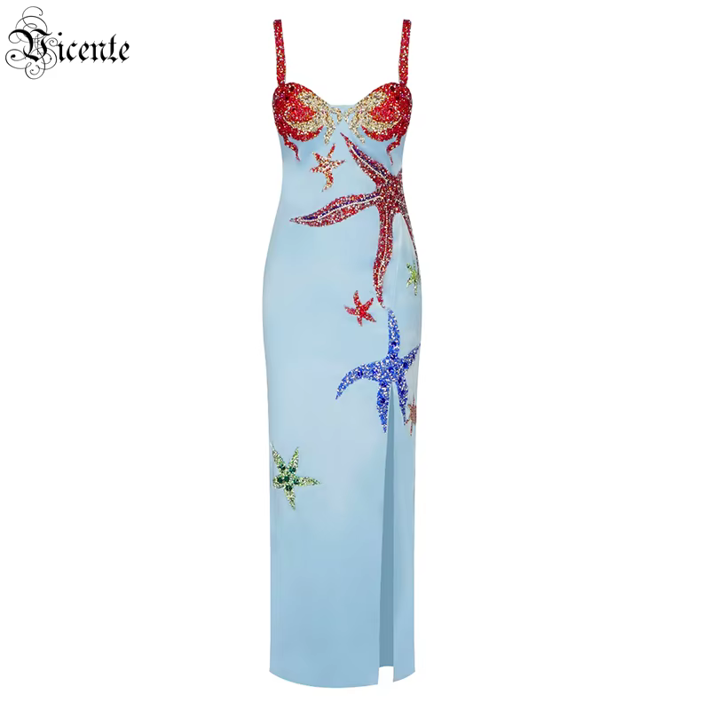 VC Sling-Robe longue en satin avec motif étoile de mer et diamant, fourche fendue, sangle à encolure