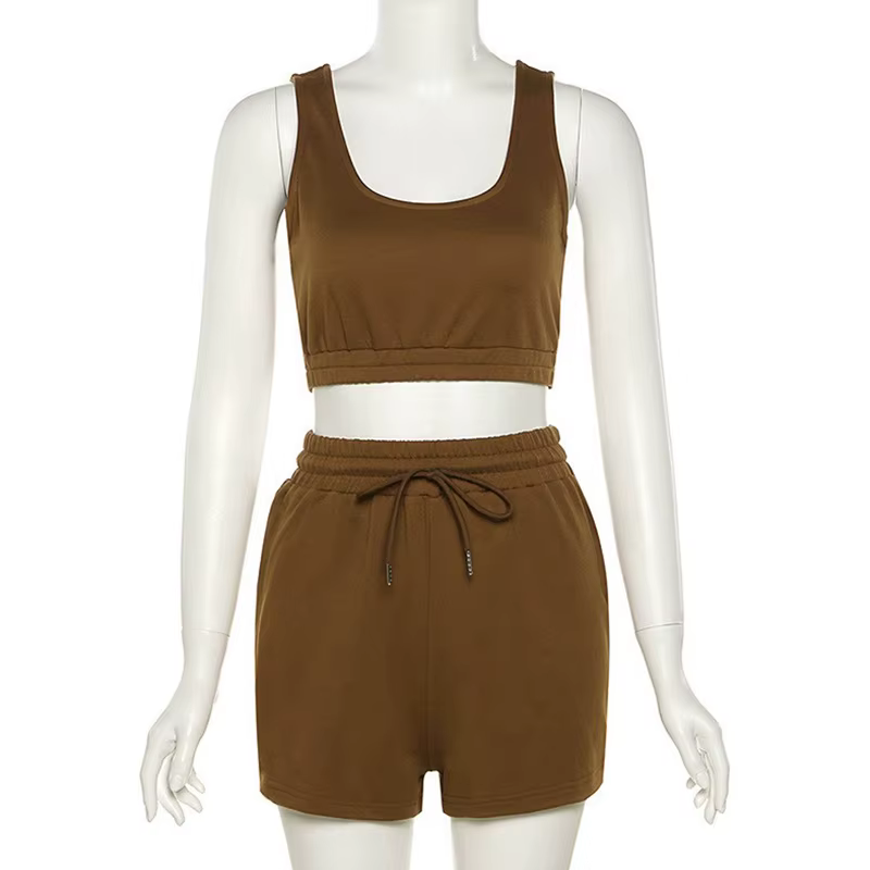 Ensemble haut court et short à cordon de serrage, débardeur de Fitness Sexy à col en U, short de mot