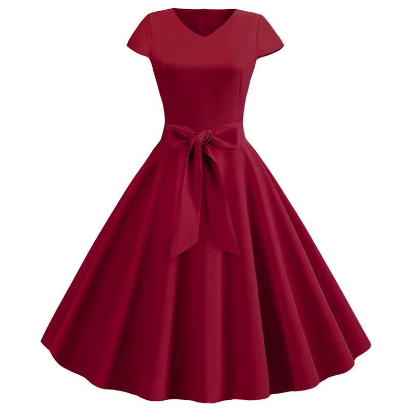 Robe d'été Vintage pour femmes, avec ceinture, manches courtes, col en V, élégante, rétro, robes de 