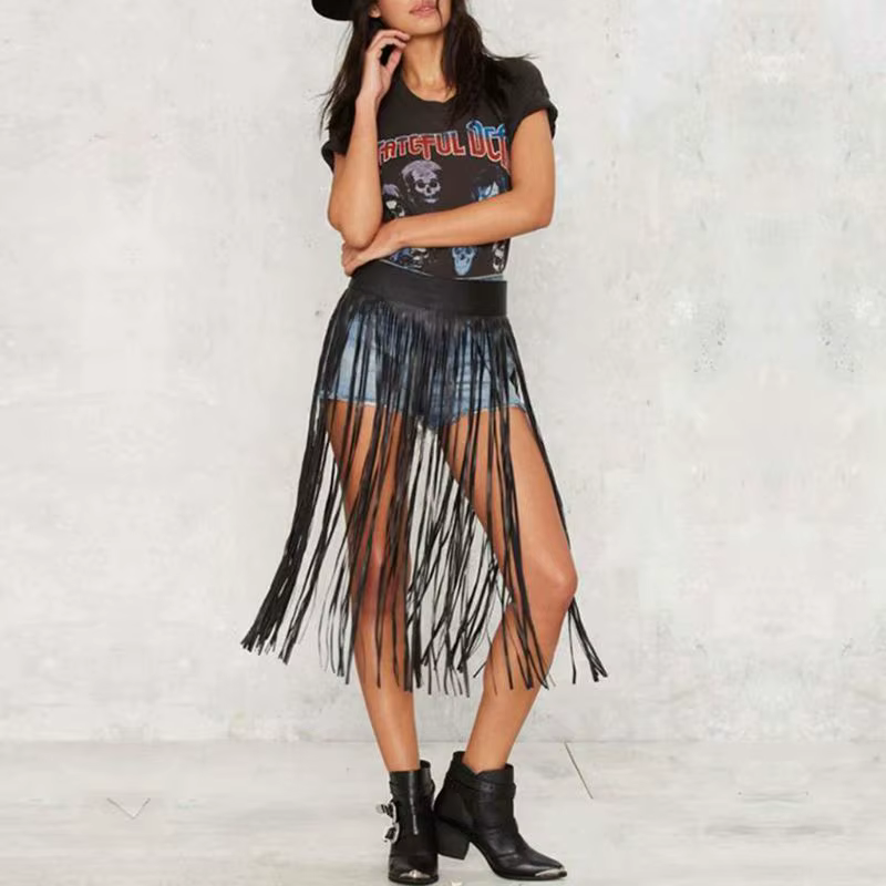 Jupe à franges en Faux pour femmes, taille haute, harnais avec boutons à pression, fête d'halloween,