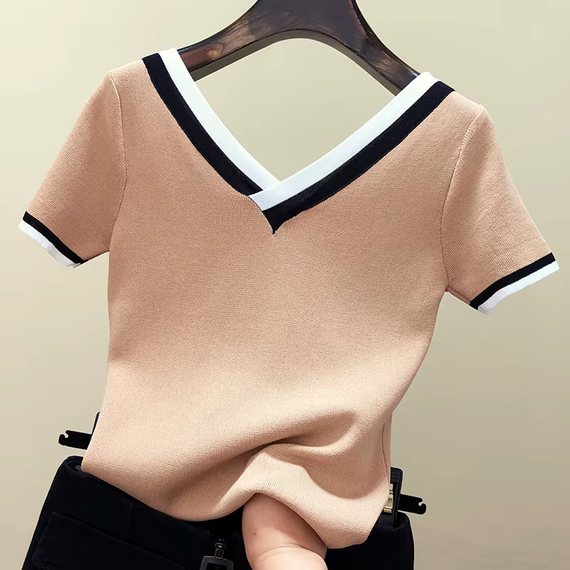 Pull rayé à manches courtes et col en V pour femmes, vêtements côtelés minces, mode estivale, 2024