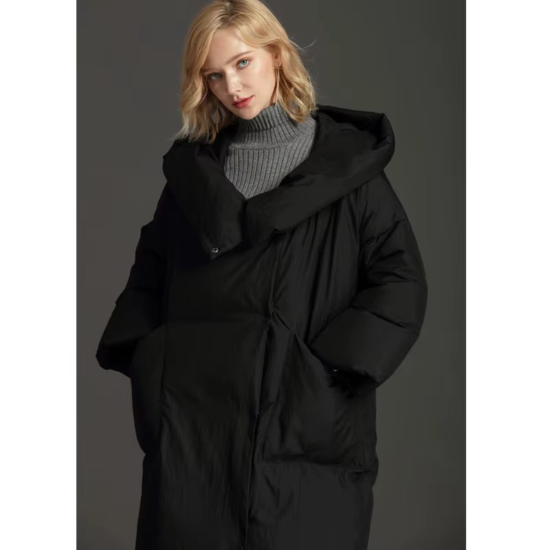 Veste longue et ample en duvet de canard pour femme, manteau avec col d'oreiller et capuche, surdime