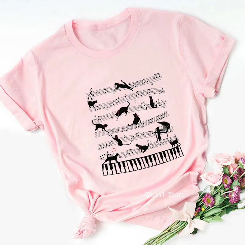 T-shirt femme rose, humoristique, estival, avec note de musique et chat