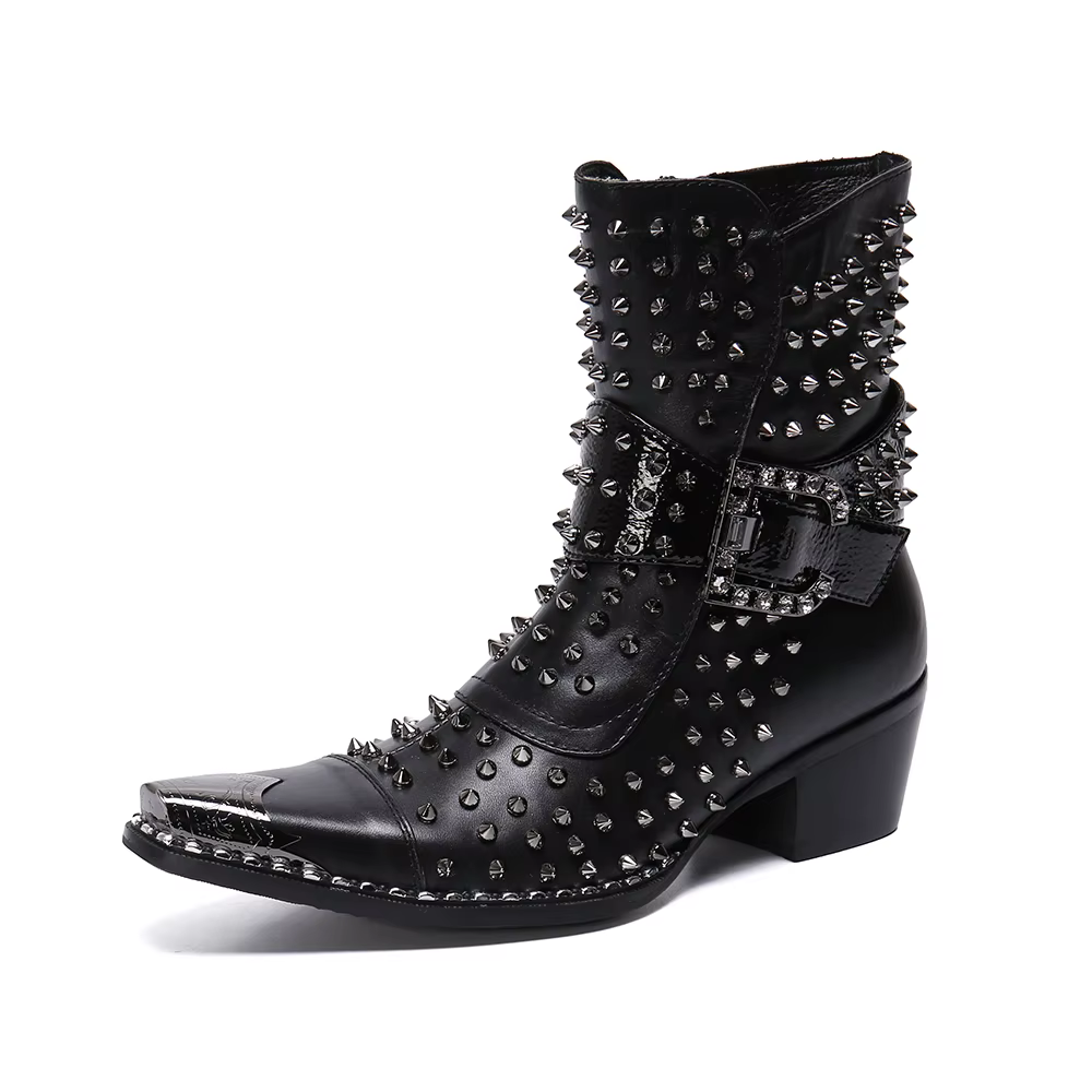 Bottes en cuir pointues à talons hauts pour hommes, chaussures de qualité, rivet, personnalité, chan