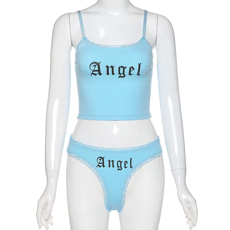 Ensemble de lingerie en dentelle avec lettre d'ange pour femmes, bretelles spaghetti High Street, so
