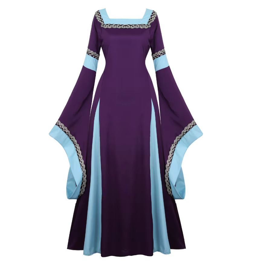 Femmes médiévale Renaissance trompette manches rétro Loor longueur robe dentelle garniture irlandais
