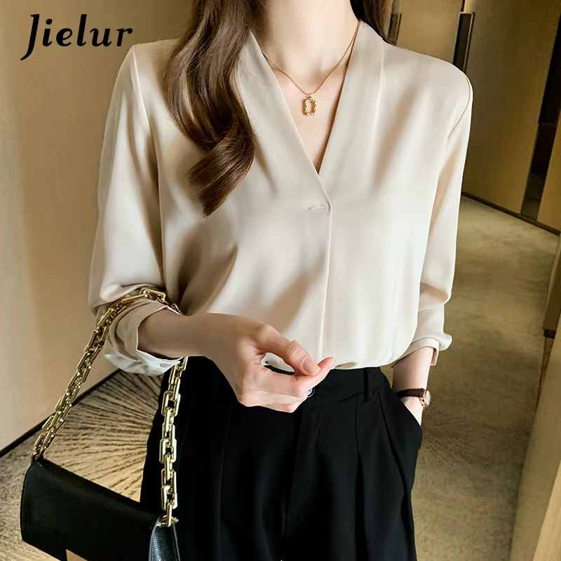 Jielur – chemises blanches de bureau pour femmes, couleur unie, col en v, hauts Skinny à manches lon