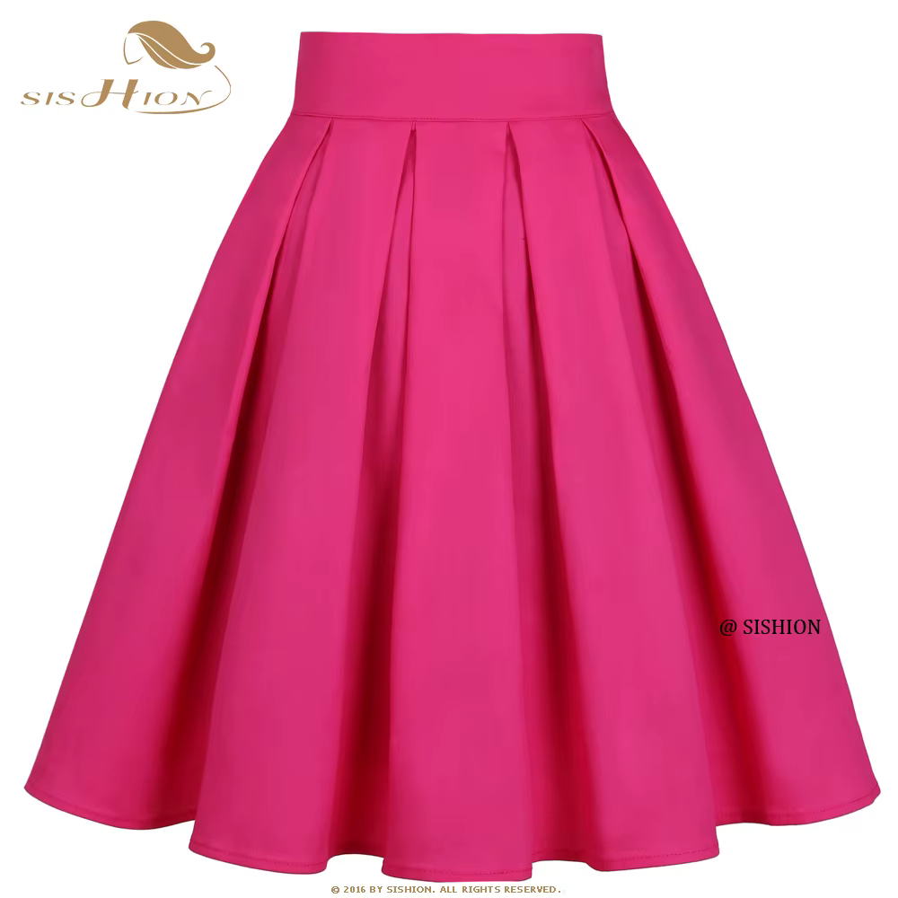 SISHION-Jupe plissée en coton pour femme, couleur unie, rose foncé, rouge, avec nœud, vintage, pour 