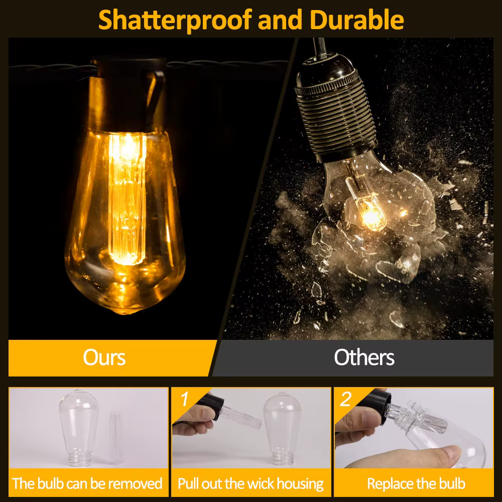Guirlande solaire haute luminosité, 20 pieds (8M), 20 ampoules incassables, étanche S14 LED, guirlan