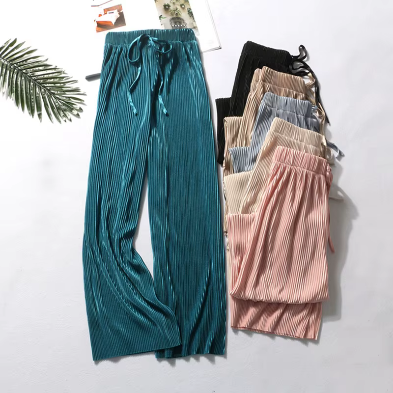 2025 femmes plissées en vrac glace soie coréen décontracté pantacourt jambe large pantalon maison cl