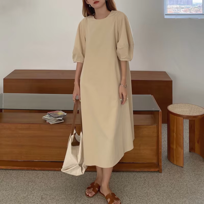 Robe longue beige à manches bouffantes pour femmes, robe d'été simple, robe maxi vintage, taille adt