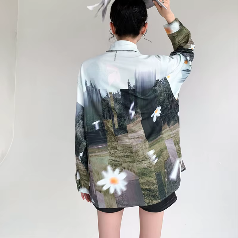 Chemisiers surdimensionnés à manches longues pour femmes, chemises imprimées à l'huile, Streetwear p