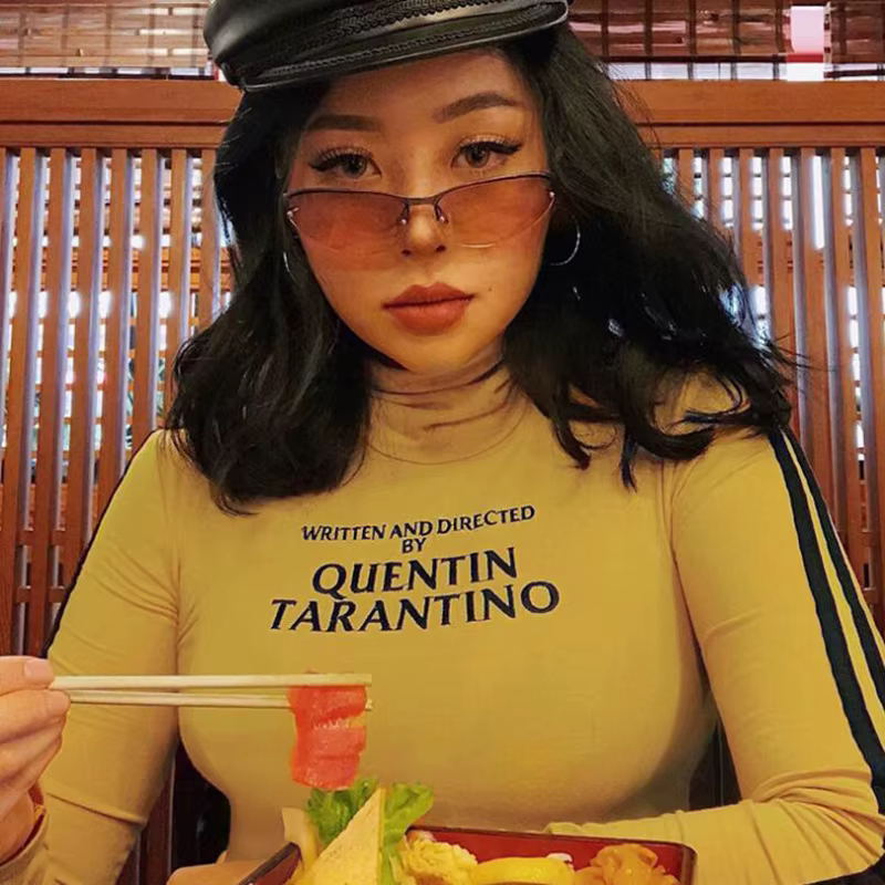 2025 mode Quentin Tarantino Sexy culture hauts femmes côté rayure à manches longues col roulé coton 