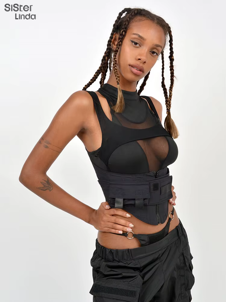 Sisterlinda-Haut moulant en maille avec fermeture éclair pour femme, ceinture multicouche, tendance