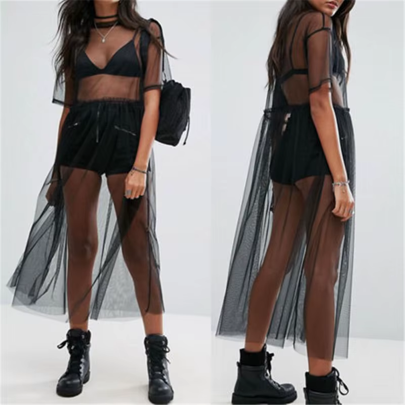 Sexy femmes soirée noir voir à travers maille robe pure Maxi robe Tulle dentelle longue robe décontr