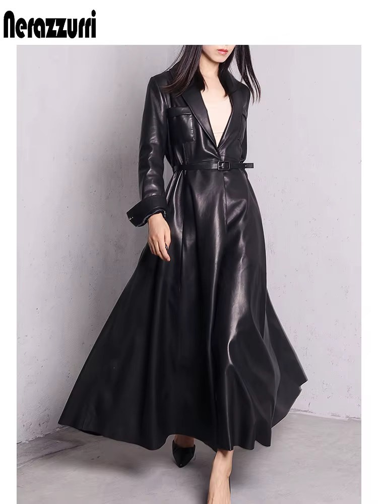 Nerazzurri-Manteau Maxi en Cuir PU pour Femme, Jupe Extra Longue, Pardessus Élégant, Rouge, Noir, Ha
