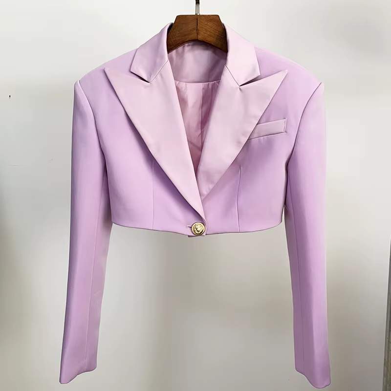 Blazer court en satin à boutons simples pour femmes, veste de créateur, col extra initié, haute qual