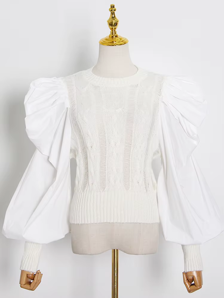 TWOTWurea YLE-Pulls coréens pour femmes, pulls patchwork, col rond, manches longues bouffantes, vête