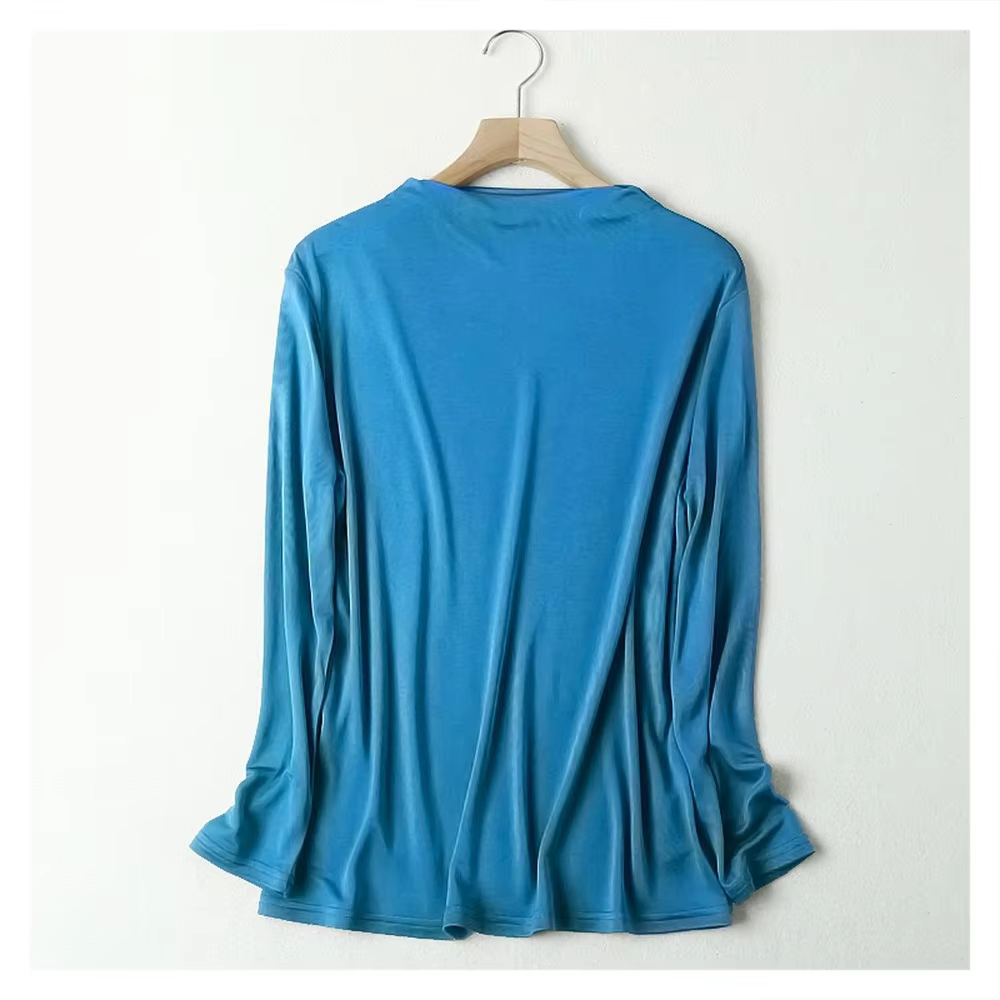 T-shirt en soie tricoté à manches longues pour femme, haut polyvalent à bascule, col rond, couleur u