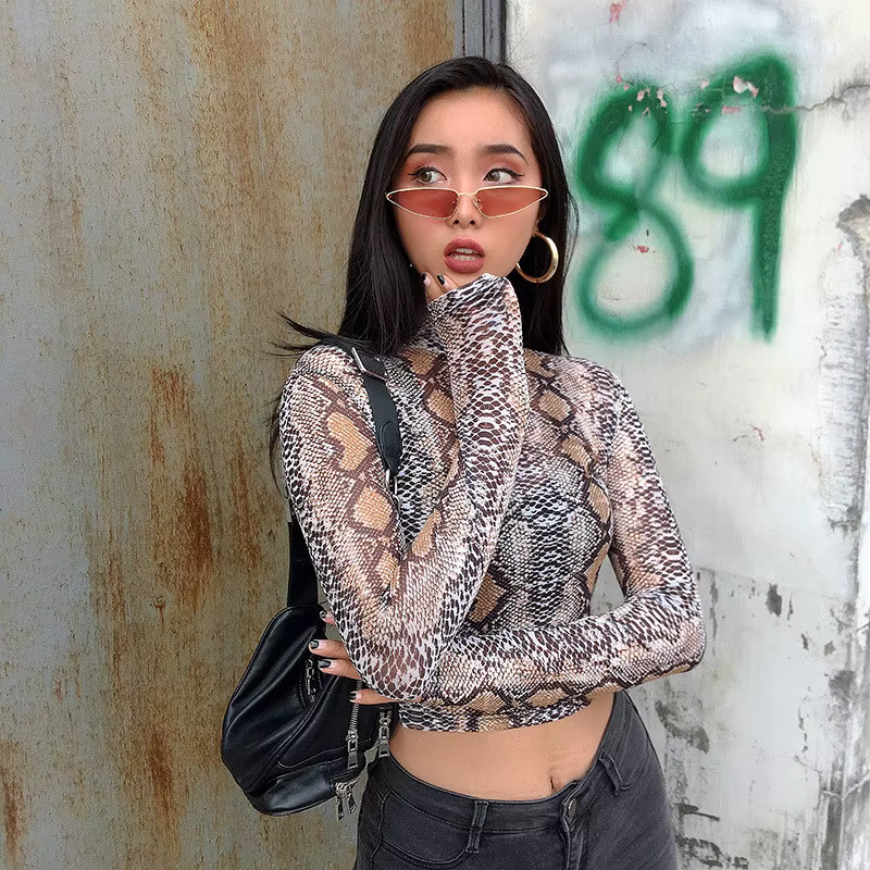 T-shirt manches longues col haut femme, court, maille, transparent, peau de serpent, salle imprimée,
