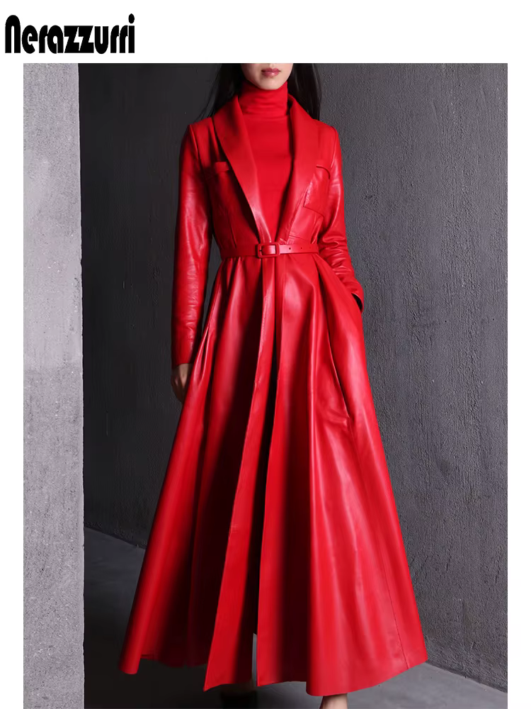 Nerazzurri-Manteau Maxi en Cuir PU pour Femme, Jupe Extra Longue, Pardessus Élégant, Rouge, Noir, Ha
