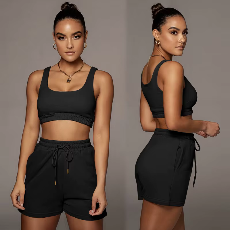 Ensemble haut court et short à cordon de serrage, débardeur de Fitness Sexy à col en U, short de mot
