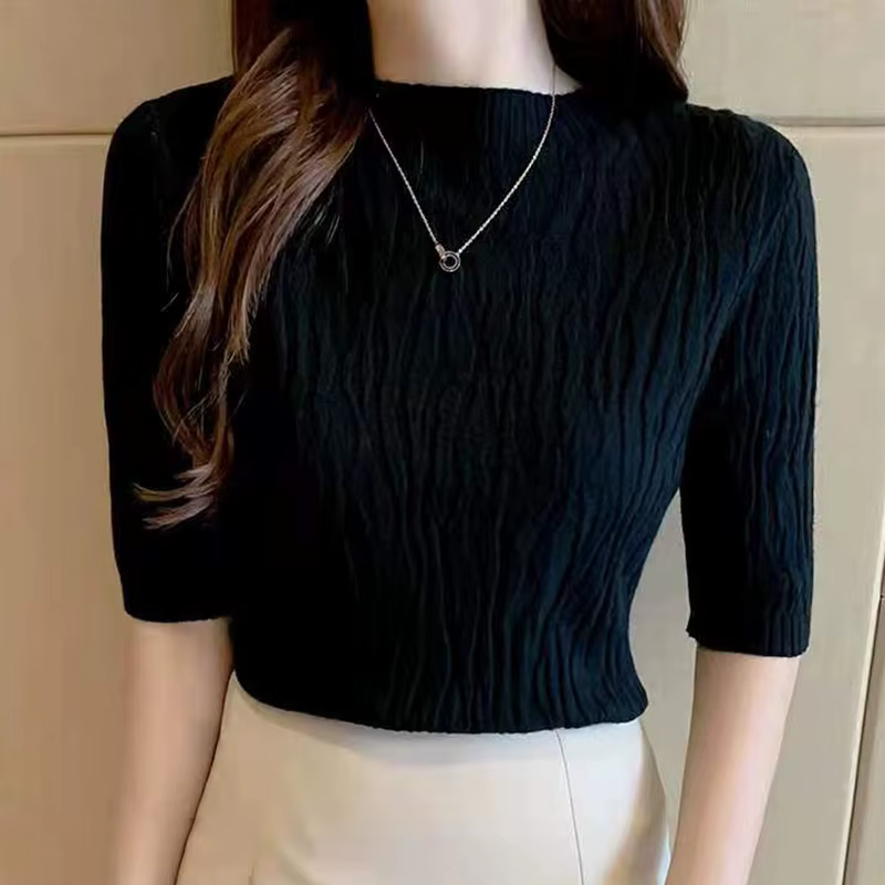 Pull uni à manches courtes pour femmes, pull côtelé, mode coréenne, vêtements féminins minces décont