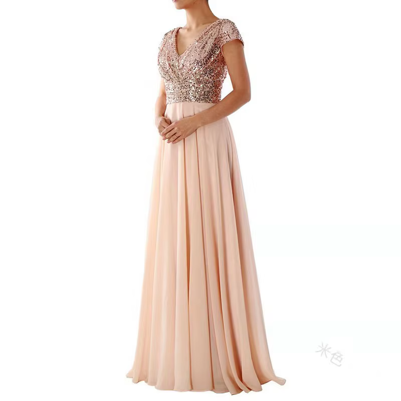 Robe longue à paillettes pour femmes, col rond, haut de rue, danse, mariage, Rhde promo, soirée, dem