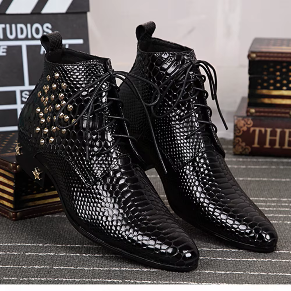 Bottes provoqué pointues en cuir véritable pour hommes, chaussures à rivets, cuir brillant, haute qu