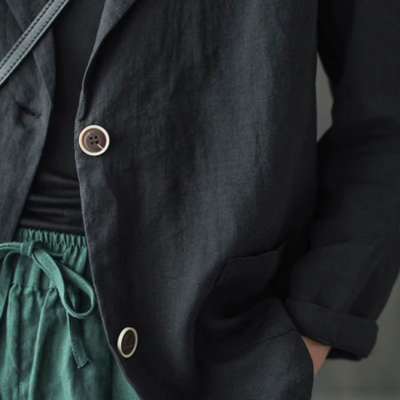 Blazer décontracté en coton et lin pour femmes, vestes fines pour dames, style vintage, solide, docu