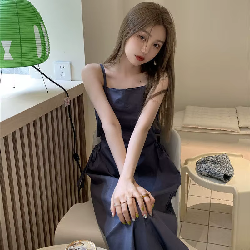 FIBRfur s-Robe trapèze chic pour femme, couleur unie, élégante, simple, bretelles spaghetti, basique