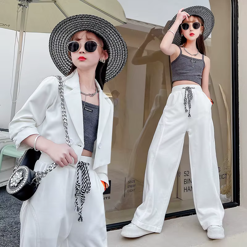 Ensemble de vêtements pour adolescentes, Top court + veste Blazer et pantalon, costume blanc 3 pièce
