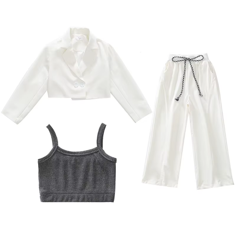 Ensemble de vêtements pour adolescentes, Top court + veste Blazer et pantalon, costume blanc 3 pièce