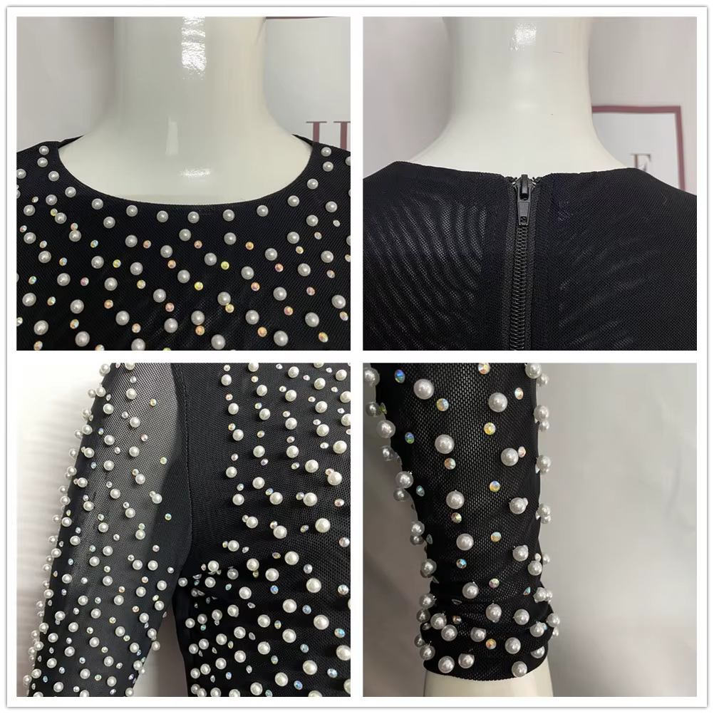 Sexy perles haut tendance femmes à manches longues vêtements Club fête Sexy maille Vintage élégant h