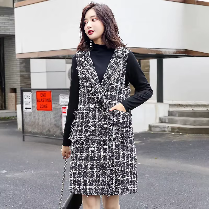 Veste Longue en Laine pour Femme, Cardigan à Carreaux, Nouvelle Collection Printemps Automne 2023