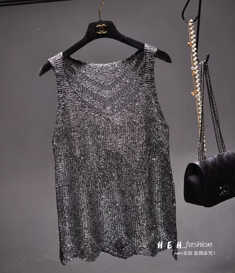 Paillettes Sexy évider soie légère Condole ceinture gilet or sans manches tricot manteau haut Mujer 