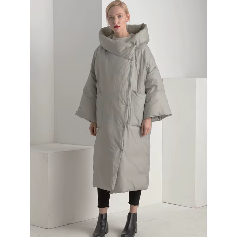 Veste longue et ample en duvet de canard pour femme, manteau avec col d'oreiller et capuche, surdime