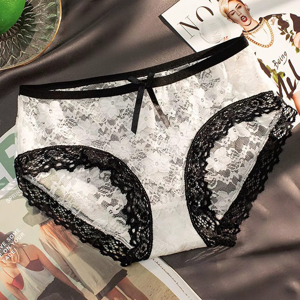Lingerie transparente à fleurs pour femmes, culotte taille moyenne en maille et dentelle, slip, sous