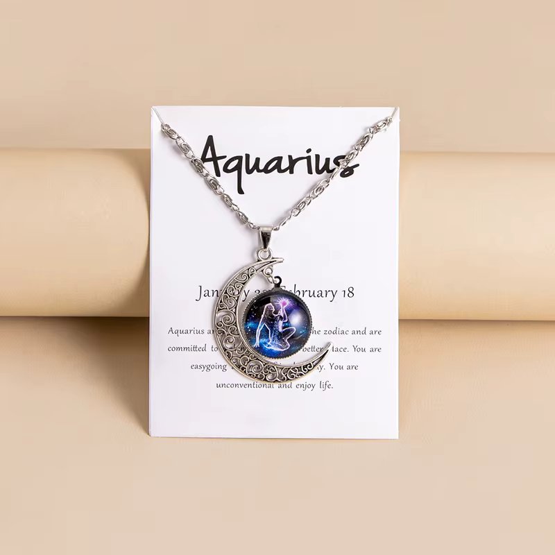 Colliers avec pendentif lune des 12 signes du zodiaque pour filles et femmes, bijoux en verre, cadea