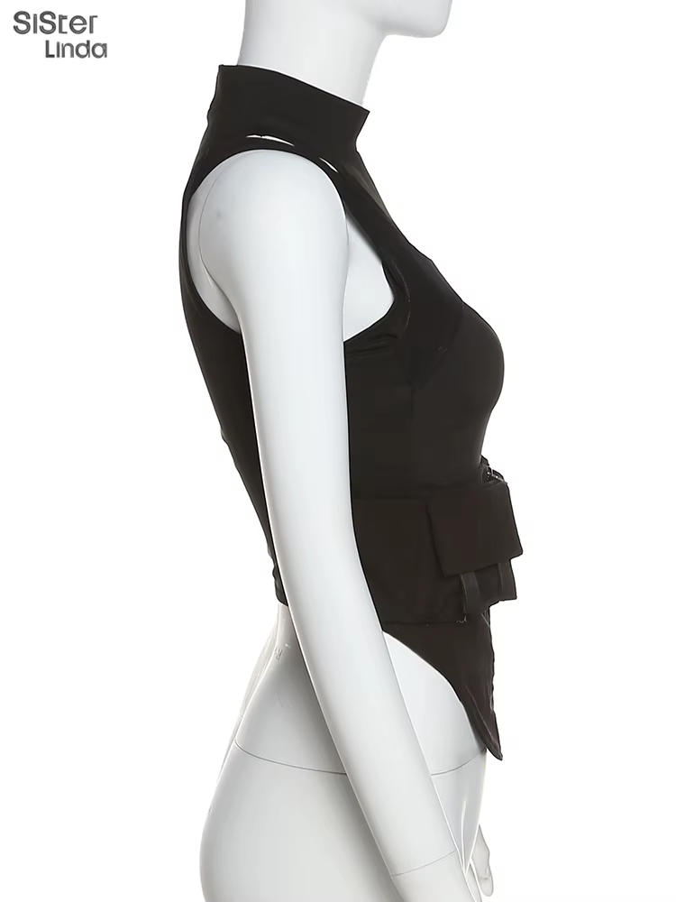 Sisterlinda-Haut moulant en maille avec fermeture éclair pour femme, ceinture multicouche, tendance