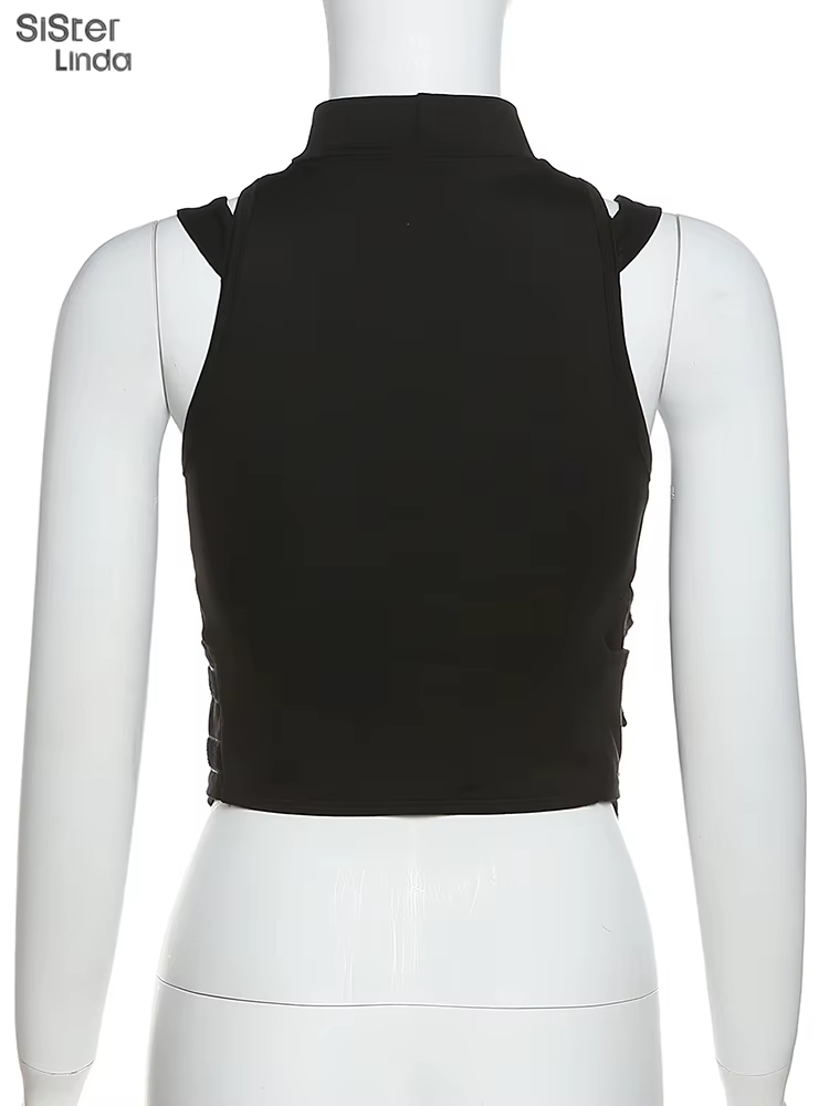 Sisterlinda-Haut moulant en maille avec fermeture éclair pour femme, ceinture multicouche, tendance