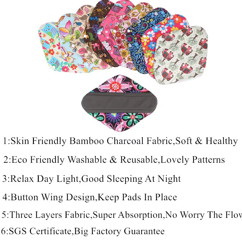 Serviettes hygiéniques réutilisables au charbon de bambou, 10 pièces, doublure de culotte lavable, s